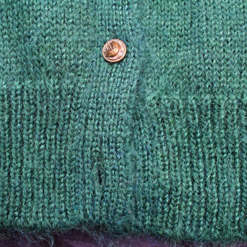 Vintage 90s Mohair Cardigan Sweater Shawl Collar Ribbed Knit Green Leafs Pockets - Picture 12 of 12